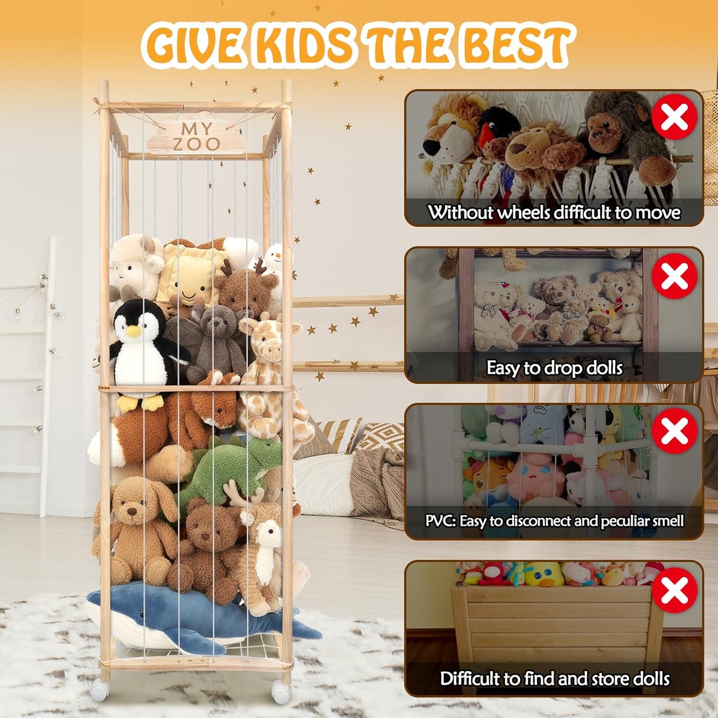 Stuffed Animal Storage Zoo with Wheels, 63'' Tall Large Wooden Plushies Storage Stuffed Animals Holder, Plush Toy Organizer Stuff Animal Zoo with Elastic Band and Net for Toddlers Playroom, Bedroom