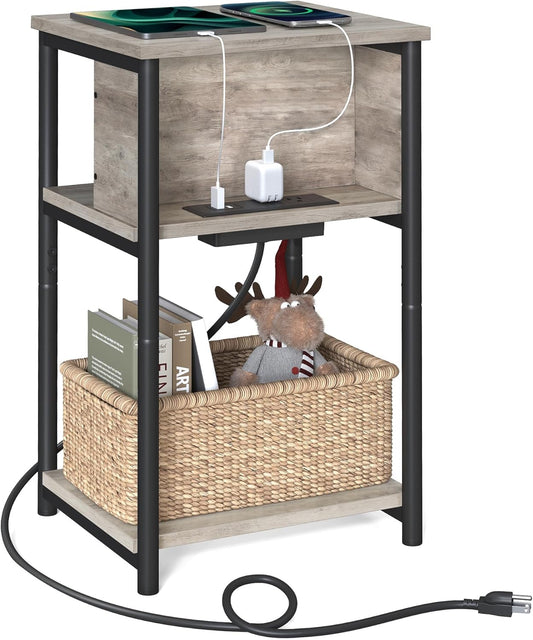 Side Table with Charging Station, 3-Tier End Table with USB Ports and Outlets, Nightstand for Living Room, Bedroom, 11.8 X 13.4 X 22.8 Inches, Plug-In Series, Greige and Black