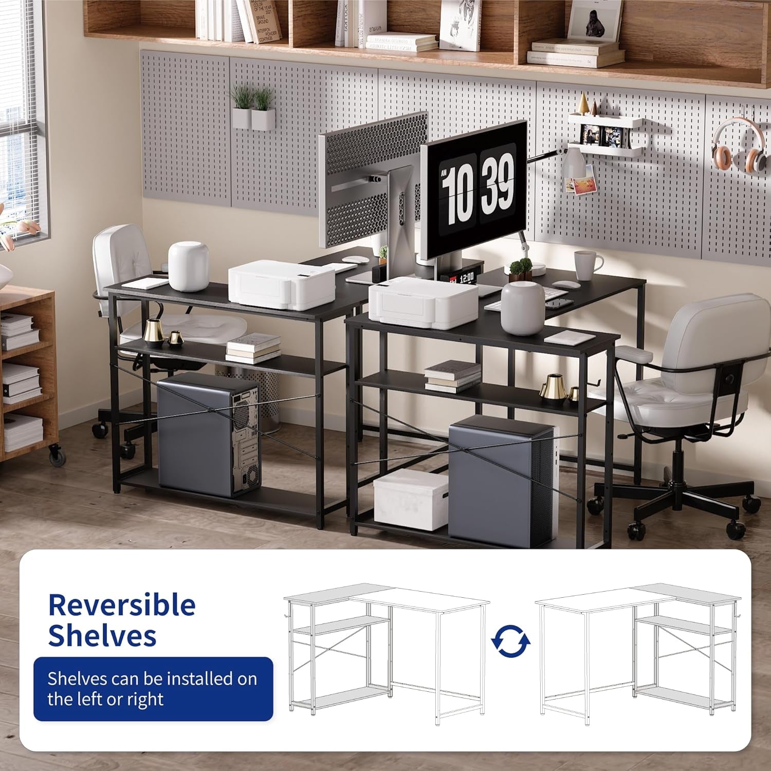 43 Inch L Shaped Computer Desk with Reversible Side Storage Shelves, Small Corner Desk for Small Space Home Office,Writing Study Table Gaming PC Desk for Bedroom,Black