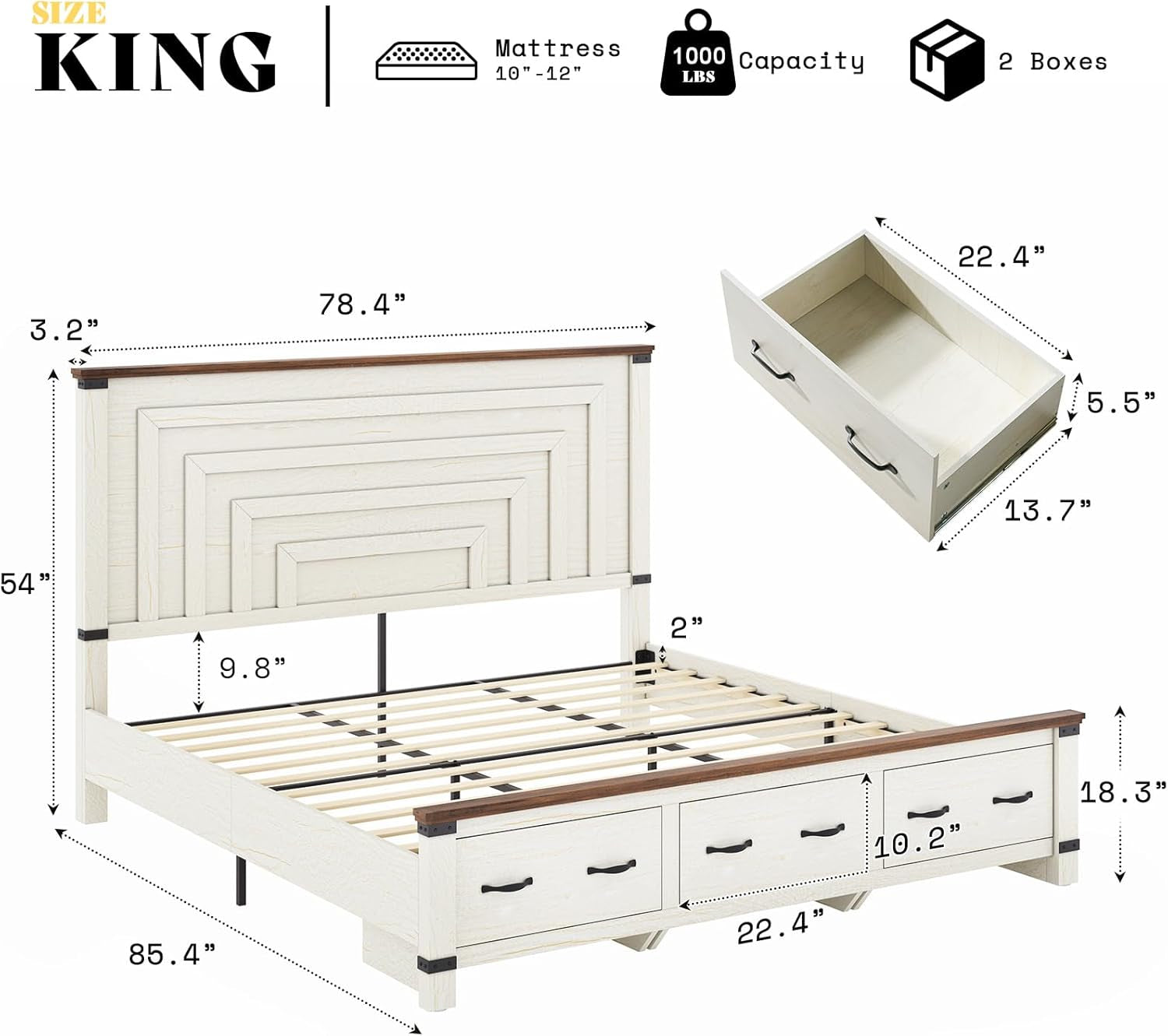 5-Piece Farmhouse Bedroom Set, Includes Wood Rustic King Bed Frame with 54" Tall Headboard, 6 Drawer Dresser Chests, 5 Drawers Tall Dresser, Nightstands Set of 2 with Charging Station, White
