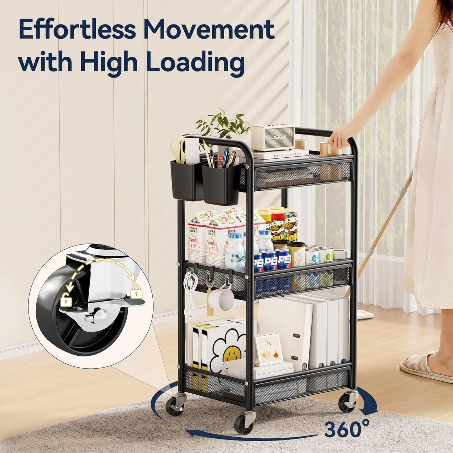 3 Tier Rolling Cart – Metal Utility Storage Carts with Wheels, Craft Cart Organizer with Hanging Cups, Hooks, Mesh Basket for Bedside Kitchen Office Art, Black