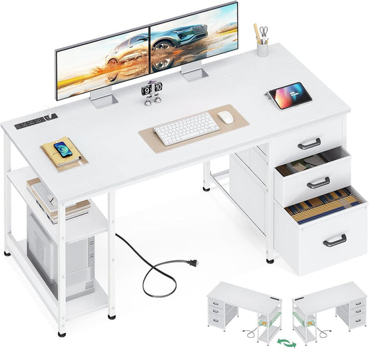 51 Inch Computer Desk with File Drawers & USB Power Outlets - Reversible Home Office Desk with Storage Shelves, Work from Home, Modern Work/Writing/Study Table for Bedroom, White
