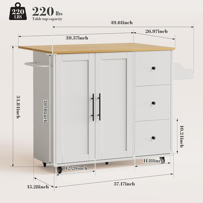 Kitchen Island on Wheels with Storage-Multifunctional Kitchen Island Cart with Drop Leaf, Rolling Island with Spice/Towel Rack,Expandable Island Table Kitchen,39.37" Width,White
