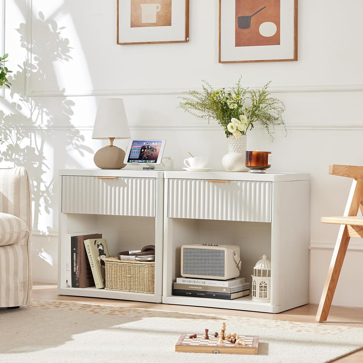 Fluted Nightstand with Charging Station, 23" Wide 1 Drawers End Table,White Night Stand with Open Storage Cabinet, Farmhouse Bed Side Tables, Wood Dresser for Bedroom, Living Room, Closet