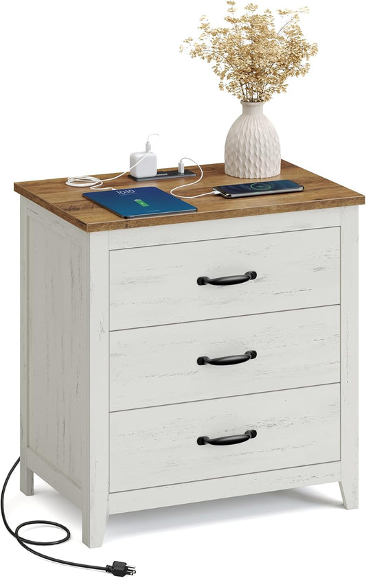 LIRY Collection - Farmhouse Nightstand with Charging Station, Bedside Table, Side End Table with 3 Drawers, for Bedroom, Rustic White and Honey Brown ULET679W01