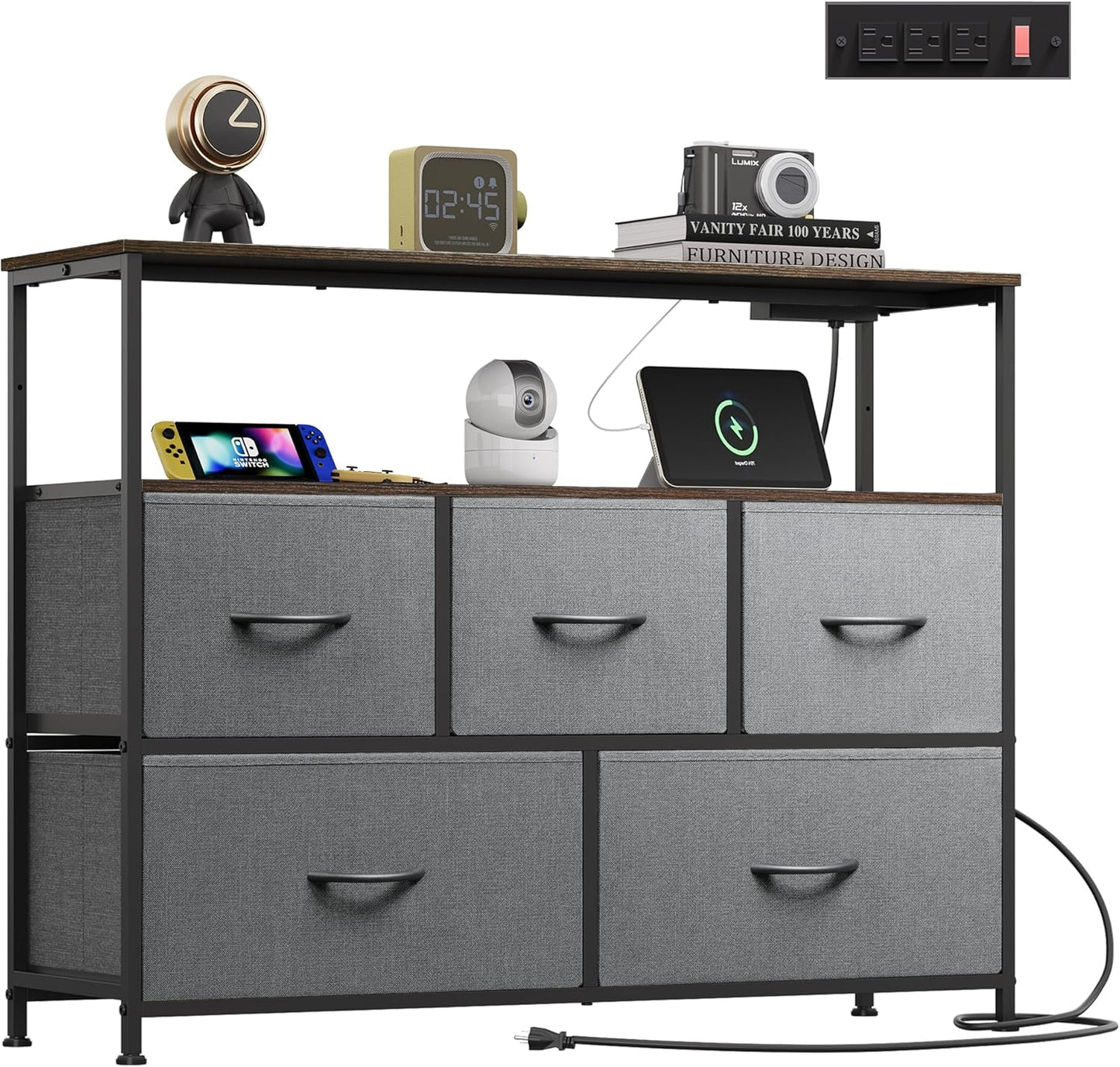 5 Drawer Dresser TV Stand for 45 Inch TV, Entertainment Center with Open Shelf and Power Outlet, Chest of Drawers for Bedroom, Living Room, Closet, Dark Grey