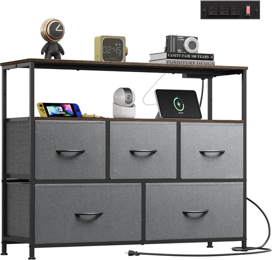5 Drawer Dresser TV Stand for 45 Inch TV, Entertainment Center with Open Shelf and Power Outlet, Chest of Drawers for Bedroom, Living Room, Closet, Dark Grey