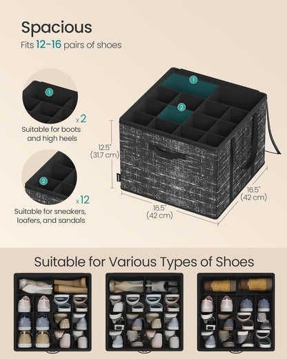 Shoe Organizer for Closet, Set of 2, Shoe Storage Box with Clear Lid, Foldable Fabric Bins, Holds 32 Pairs Total, Reinforced Handles, 16.5 X 16.5 X 12.5 Inches, Ink Black ULSP602B01