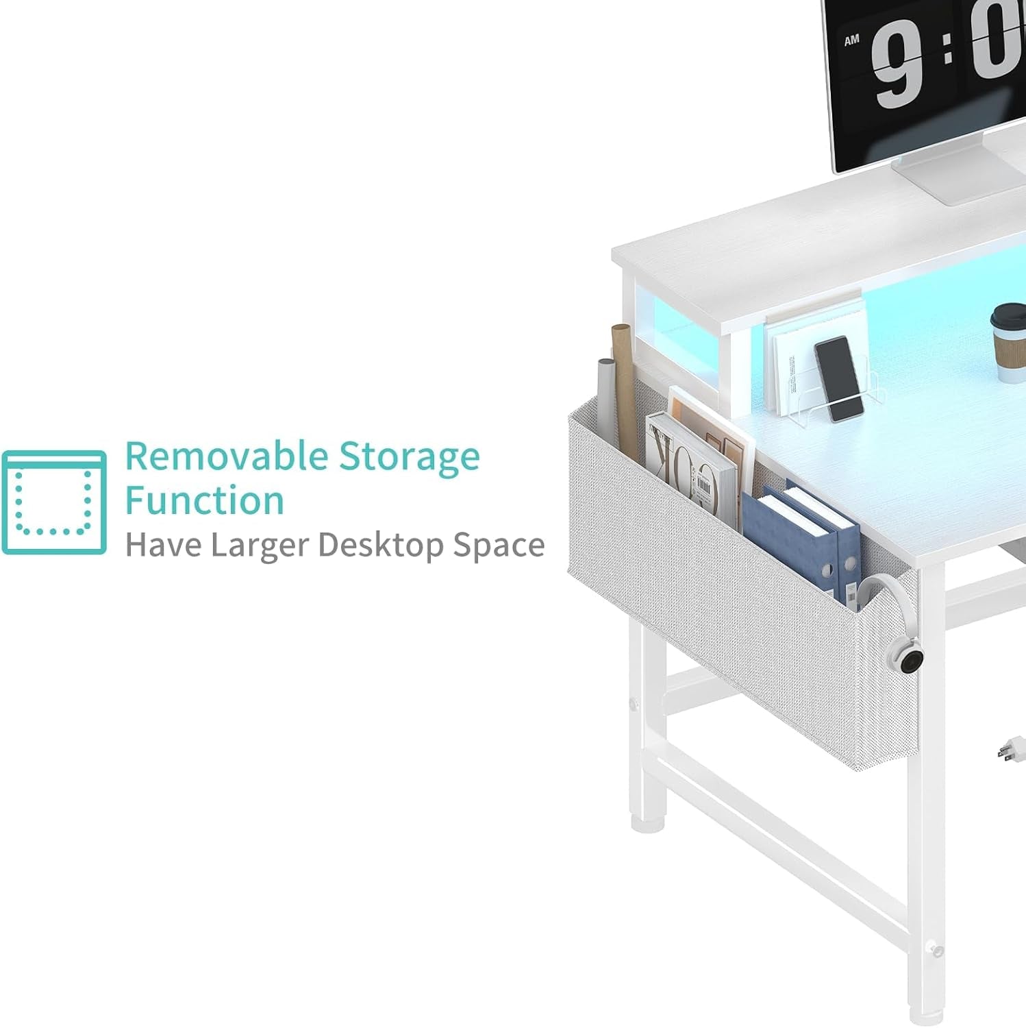 Gaming Desk with LED Lights and Power Outlets, 47 Inch Home Office Desks with Keyboard Tray, White Computer Desk with File Drawers Cabinet, Writing Table PC Desks with Monitor Stand, White