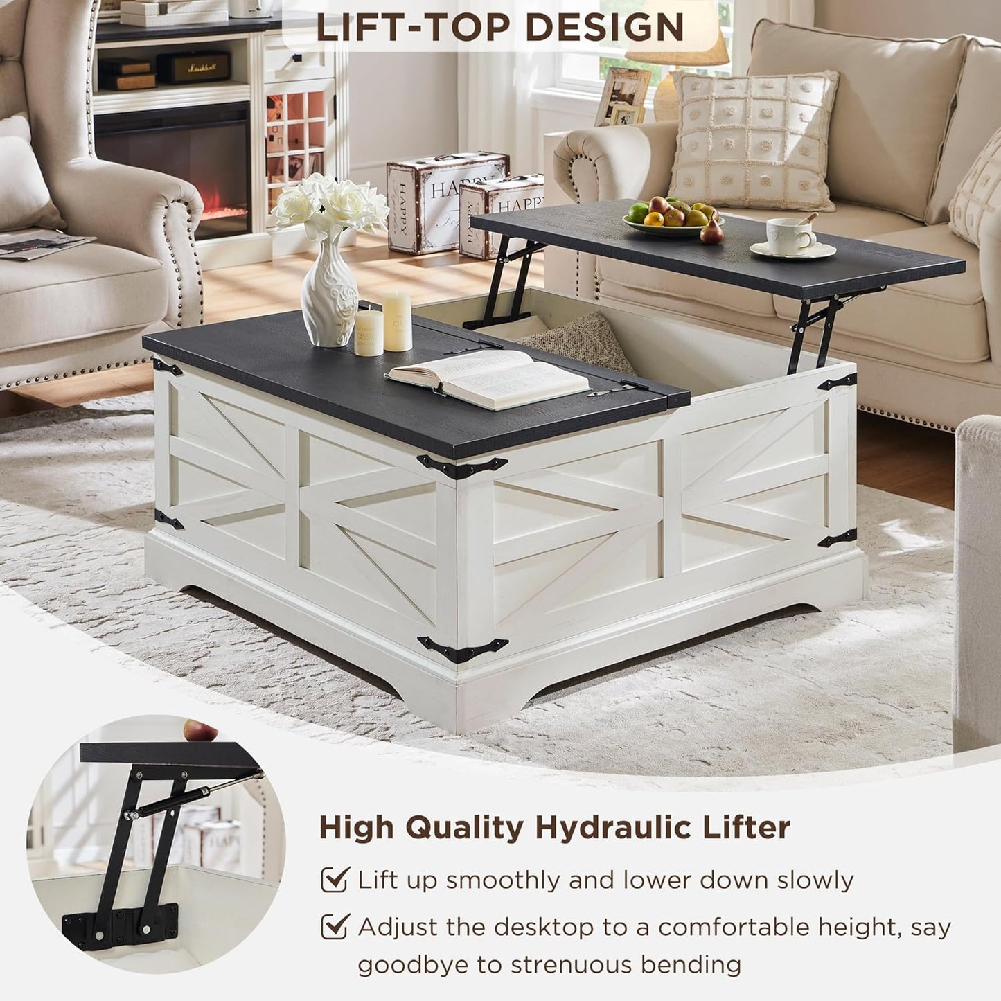 3-Piece Farmhouse Living Room Table Sets, Includeds 36" Lift Top Square Coffee Table W/Large Storage & 2 Rustic Wood End Tables W/Charging Station & Barn Doors (White)