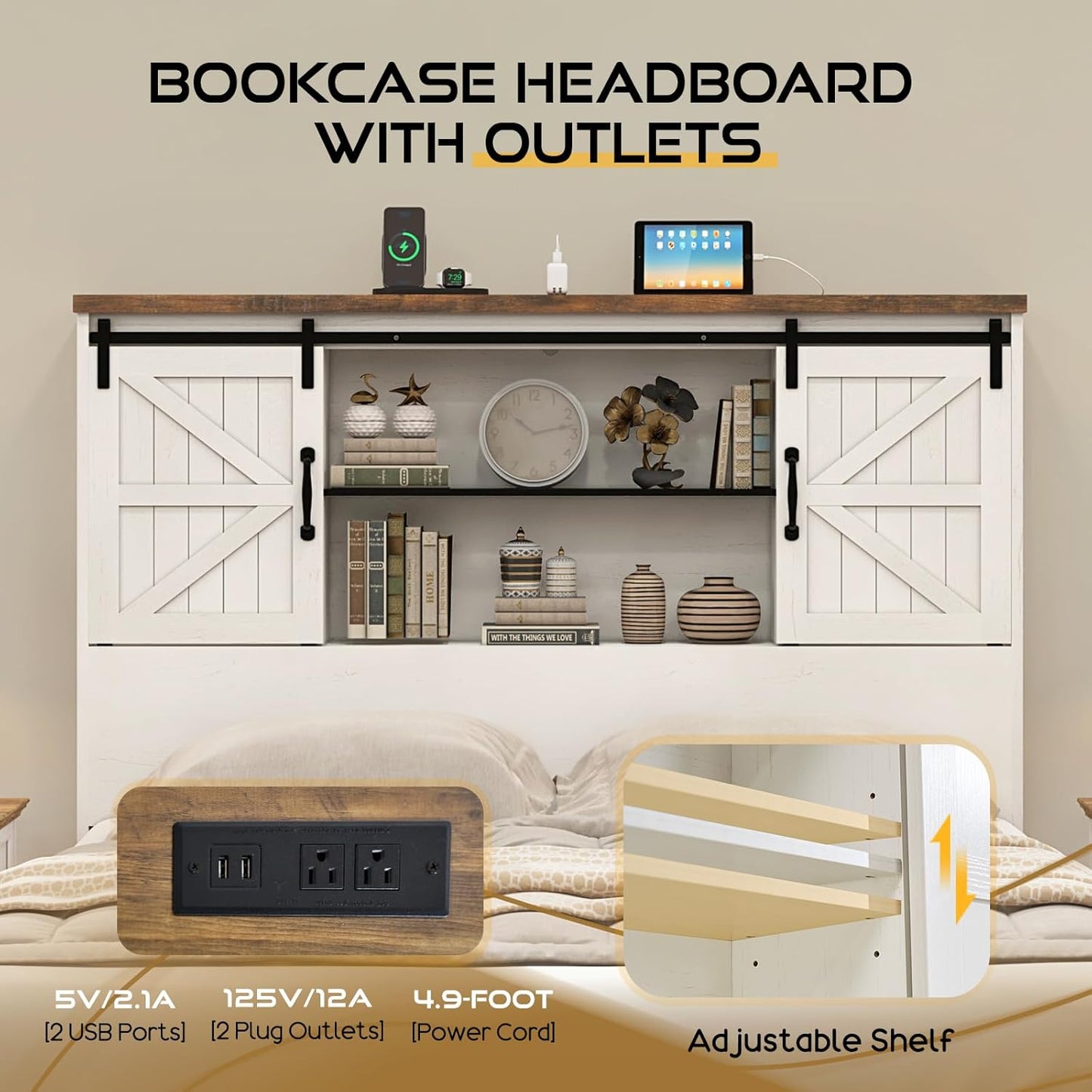 Queen Size Bed Frame with 51.2" Bookcase Headboard, Wood Platform Bed with Sliding Barn Door & Charging Station, Storage Bed with 2 Drawers, Farmhouse/No Box Spring Needed/White