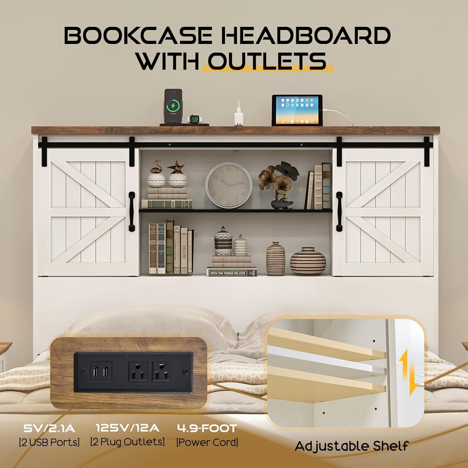 Queen Size Bed Frame with 51.2" Bookcase Headboard, Wood Platform Bed with Sliding Barn Door & Charging Station, Storage Bed with 2 Drawers, Farmhouse/No Box Spring Needed/White