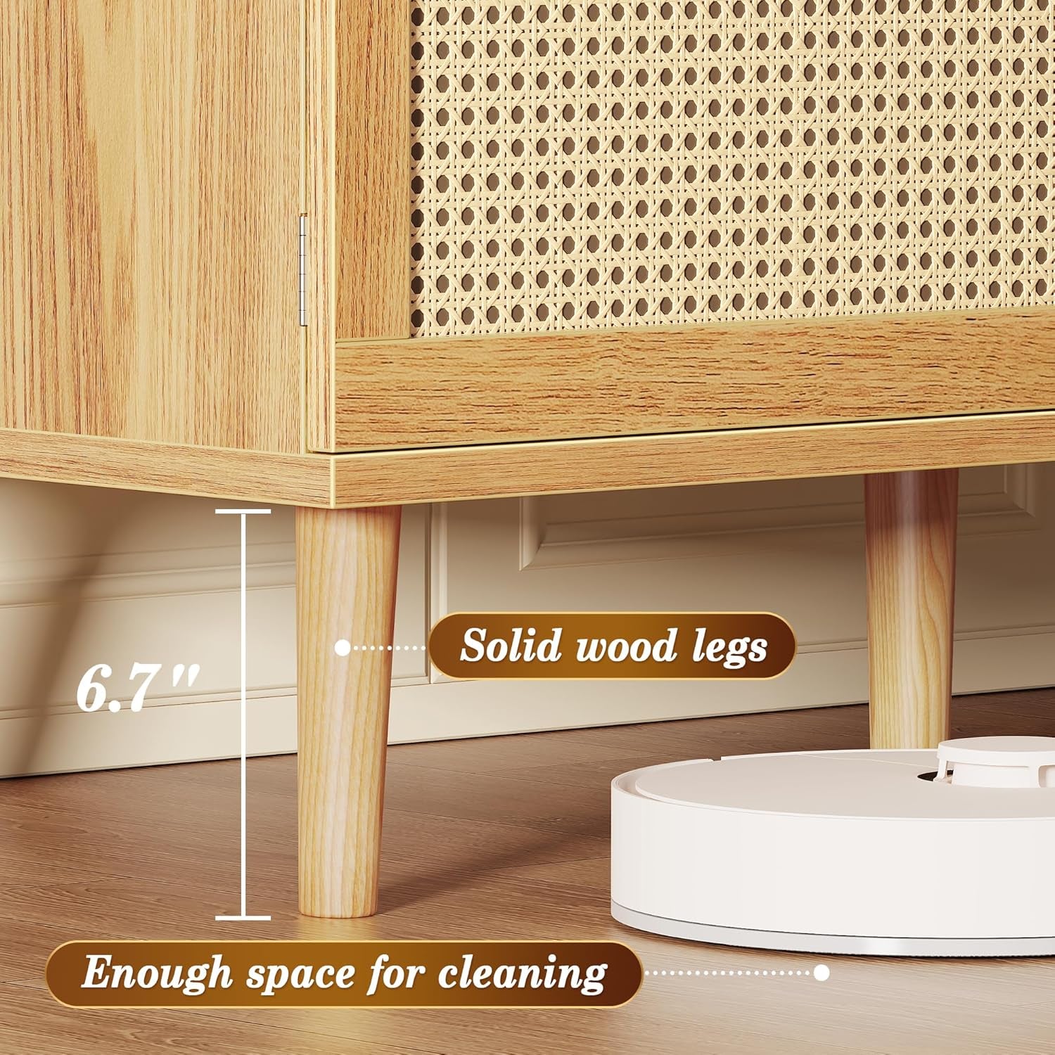 Boho TV Stand for 65 Inch TV, Entertainment Center with Adjustable Shelf, Rattan TV Console with 2 Cabinets, Media Console, Solid Wood Feet, 4 Cord Holes, for Living Room - Natural