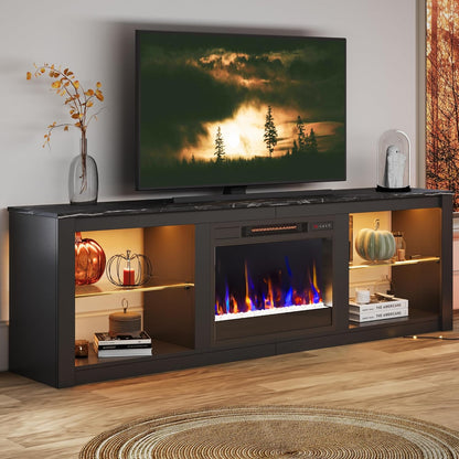 70 Inch Fireplace TV Stand for TV up to 75", LED Entertainment Center with 23" Electric Fireplace Media Console Table for Living Room with Glass Shelves, Black Marble