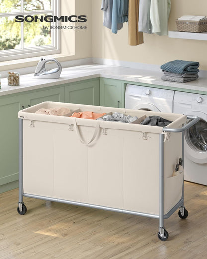 Laundry Basket with Wheels, 4-Section Rolling Laundry Hamper, 68.6 Gallons (260 L), Removable Liner, Steel Frame with Handle, 43.3 X 15.4 X 31.9 Inches, Cream White URLS014W01