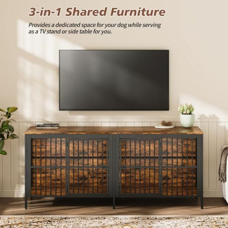 80" Dog Crate End Table, Heavy Duty 2-Door Indoor Pet Kennel, Multipurpose Dog House Furniture as TV Stand or Side Table for Living Room, Large & Medium Dogs.(Rustic Brown) (Rustic Brown)