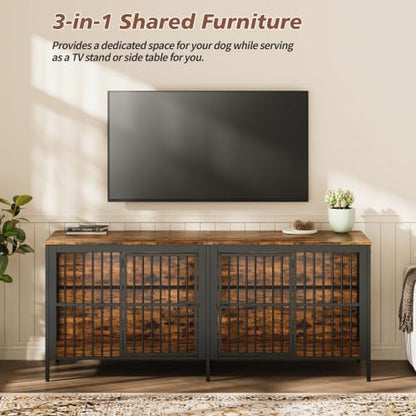 80" Dog Crate End Table, Heavy Duty 2-Door Indoor Pet Kennel, Multipurpose Dog House Furniture as TV Stand or Side Table for Living Room, Large & Medium Dogs.(Rustic Brown) (Rustic Brown)
