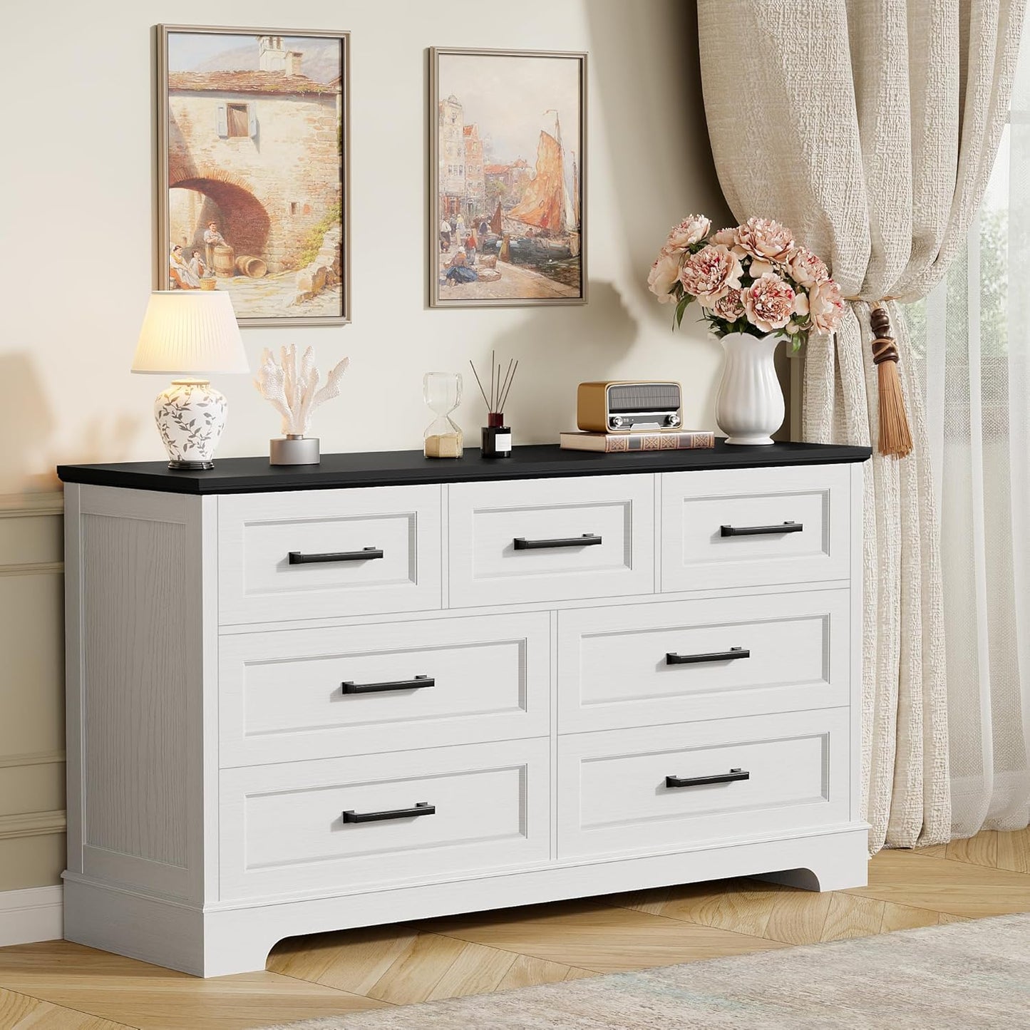 Farmhouse Dresser for Bedroom, 7 Drawers Dresser, Wood Chest of Drawers, 52" Wide Storage Dressers Organizer for Bedroom, Living Room, White and Black