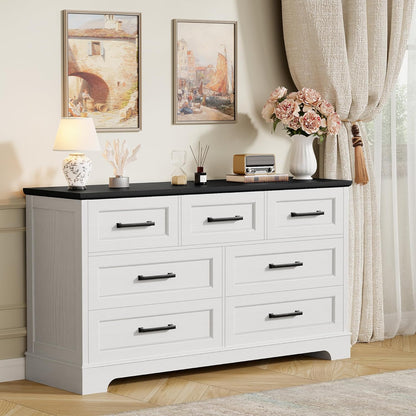 Farmhouse Dresser for Bedroom, 7 Drawers Dresser, Wood Chest of Drawers, 52" Wide Storage Dressers Organizer for Bedroom, Living Room, White and Black