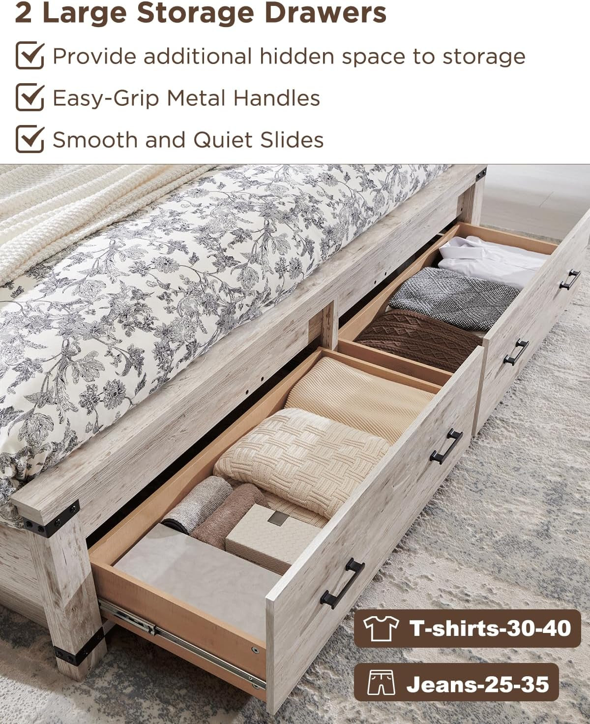 Farmhouse King Size Wood Bed Frame with 54" Tall Geometric Headboard, 2 Large Storage Drawers, Solid Wood Slats Support, Noise Free, No Box Spring Needed, Antique Brush White