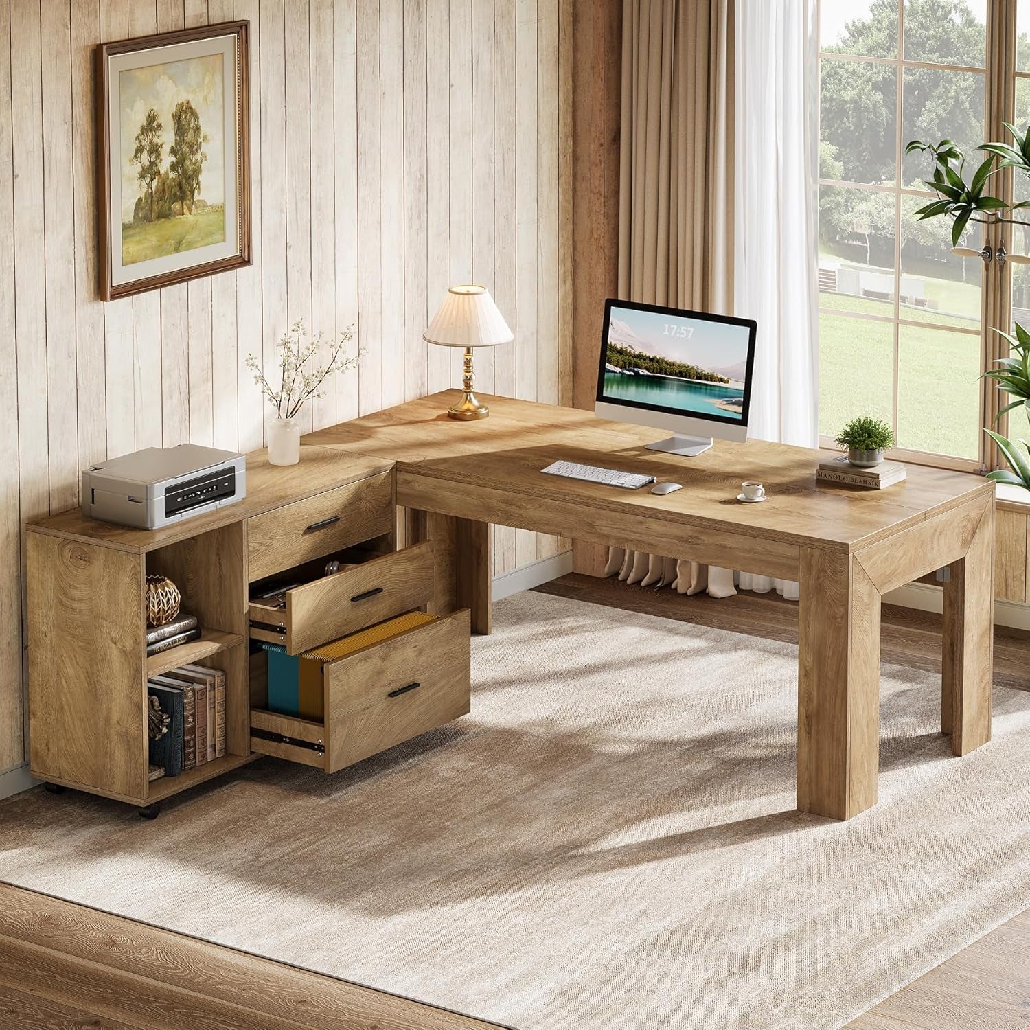 63" L Shaped Desk with Storage, Executive Office Desk with Rolling File Cabinet Combo, Large Computer Table with Drawers and Shelves, Business Furniture Set for Home Office, Brown