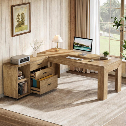 63" L Shaped Desk with Storage, Executive Office Desk with Rolling File Cabinet Combo, Large Computer Table with Drawers and Shelves, Business Furniture Set for Home Office, Brown