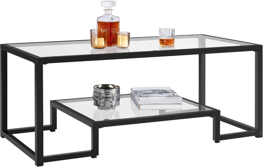 Coffee Table, Tempered Glass Coffee Table, Modern Simple Center Tables W/Geometric-Inspired Design & Metal-Frame & Easy Assembly & Open Storage Shelf for Living Room, Office, Black