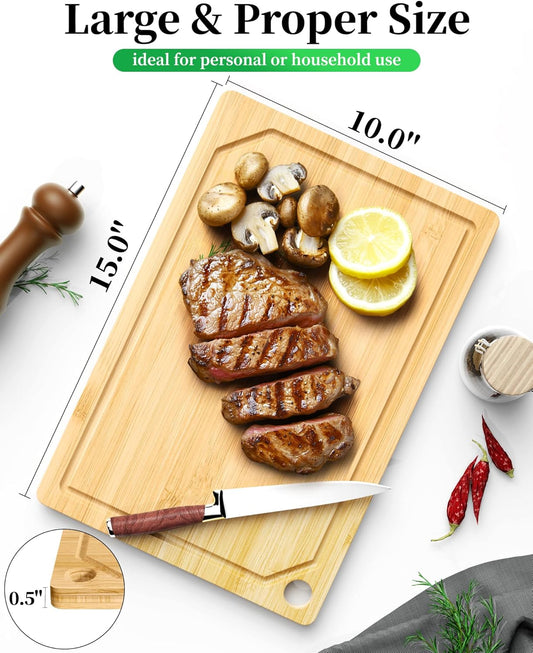 Bamboo Cutting Board - Multi-Sizes Wooden Cutting Boards for Kitchen, Convenient Kitchen Essentials with Deep Juice Grooves, Natural Cutting Board for Chopping & Serving, 15.0" X 10.0"
