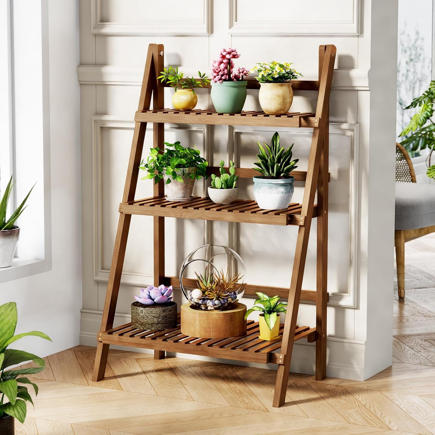 39.4" Bamboo Ladder Shelf Plant Shelf, 3 Tier Foldable Ladder Flower Pot Display Shelf Rack, 23.6"W X 15"D X 39.4"H, Freestanding Bookshelf for Garden, Balcony, Yard, Patio, Lawn, Living Room, Walnut