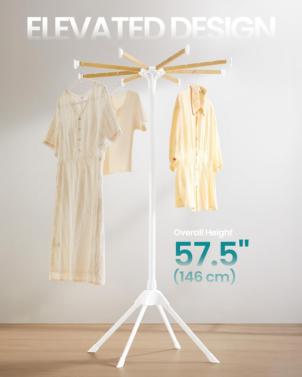 Clothes Drying Rack, with Bamboo Hanging Rods, Foldable Metal Laundry Rack, Space-Saving, Free-Standing Airer, Indoor Use, White and Natural ULLR516W01