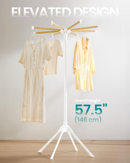 Clothes Drying Rack, with Bamboo Hanging Rods, Foldable Metal Laundry Rack, Space-Saving, Free-Standing Airer, Indoor Use, White and Natural ULLR516W01
