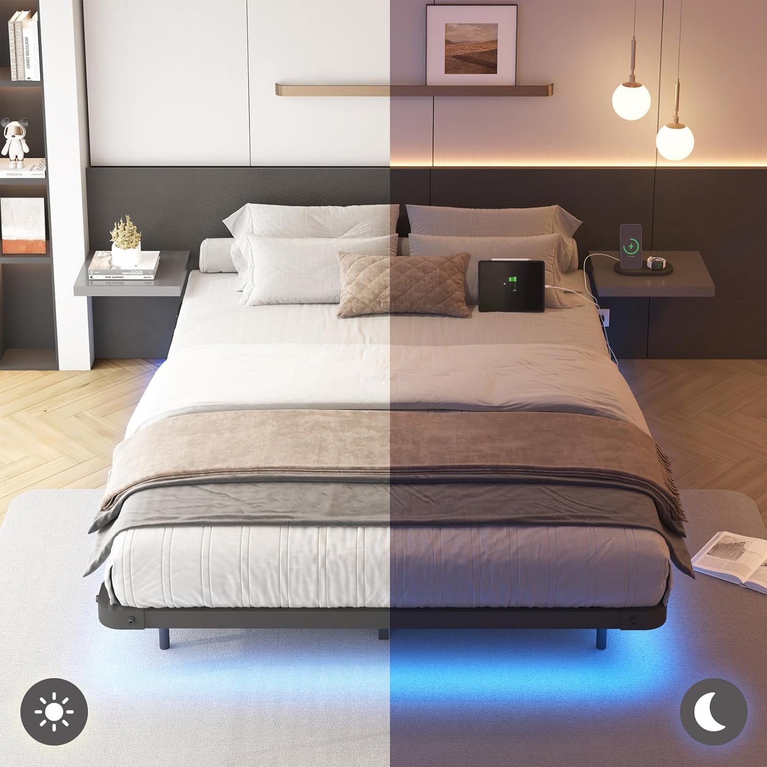 Full Size Floating Bed Frame with Charging Station, Modern Metal Platform Bed Frame with LED Light, Easy Assembly, Black