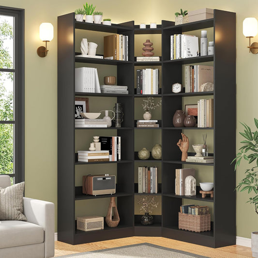 70.8" Tall Corner Bookshelf, 7 Tiers Large Etagere Bookcases with Baffles, L-Shaped Modern Storage Display Rack Industrial Bookshelves for Bedroom, Home Office, Living Room & Kitchen, Black