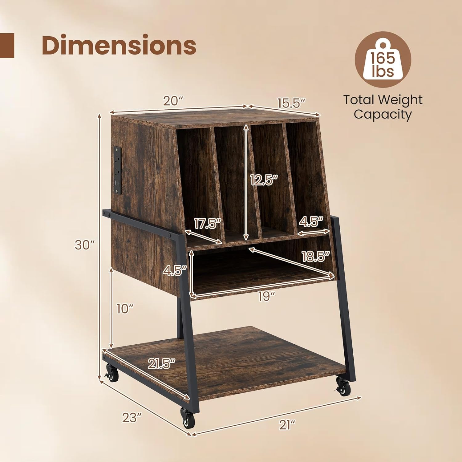 Record Player Stand on Wheels, 3-Tier Turntable Stand with Charging Station, Compartment & Open Shelf, Holds up to 150 Vinyl Records, Modern Vinyl Record Storage for Small Spaces, Rustic Brown