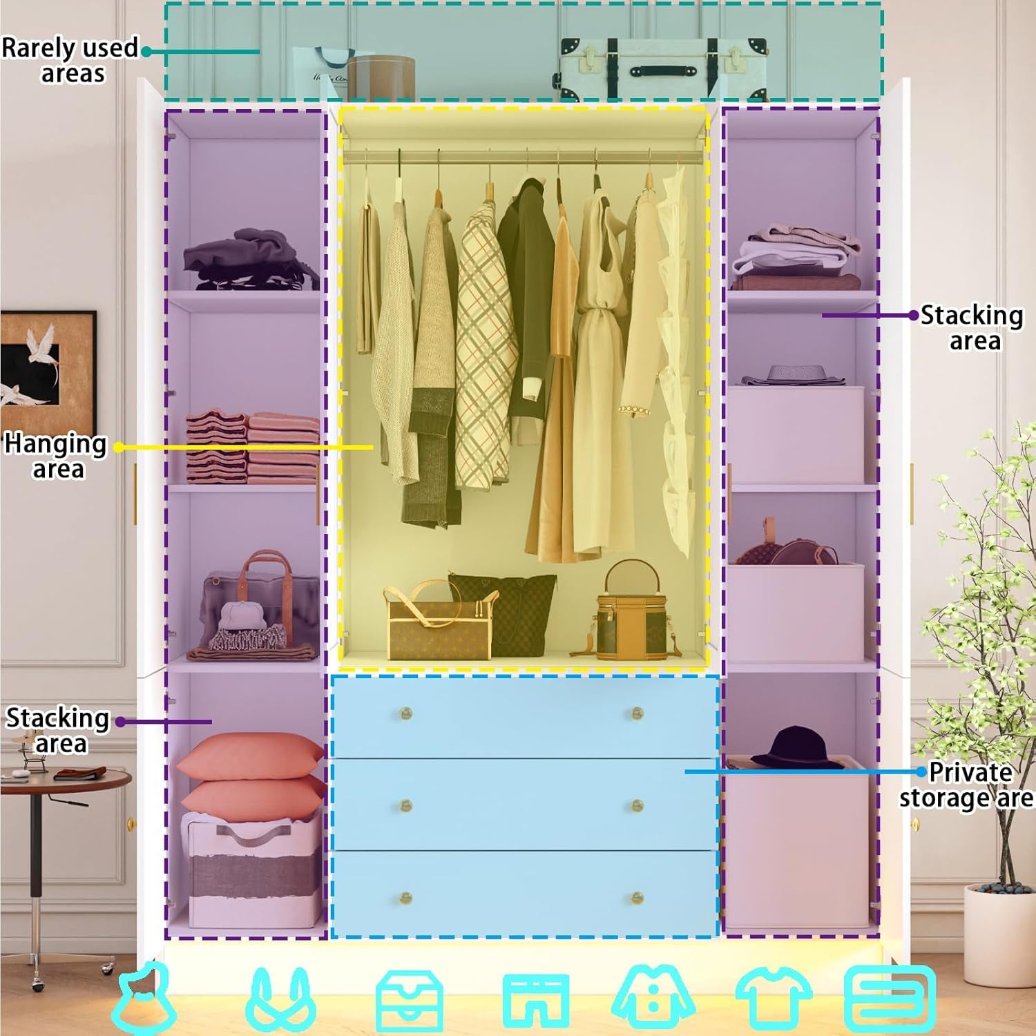 75" Tall 4 Doors Armoire Wardrobe Closet with 3 Drawers, Wooden Wardrobe Cabinet with LED Lights & Mirror, Freestanding Clothing Storage Cabinet with Hanging Rod, Adjustable Shelves