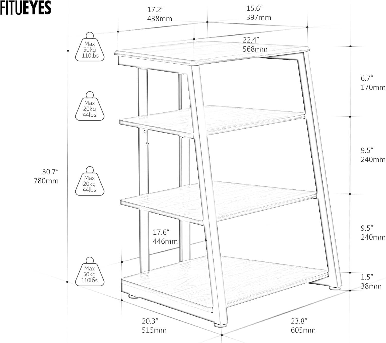 Design 4-Tier AV Media Stand Corner Shelf for Record Player Wooden Stereo Cabinet Audio Rack Tower with Height Adjustable Wooden Shelves for Ps4 (Walnut)