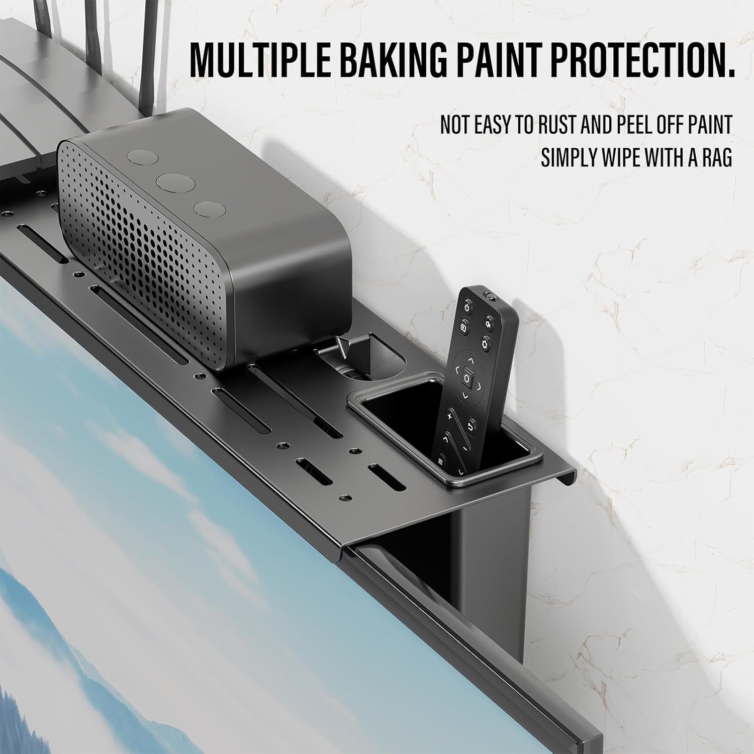 Steel TV Top Shelf- Adjustable Screen Shelf Floating Stand with 2 Storage Boxes,Computer Screen Shelf for Soundbar, Media Boxes, Game Console, Router and Home,34.65×4.33Inch