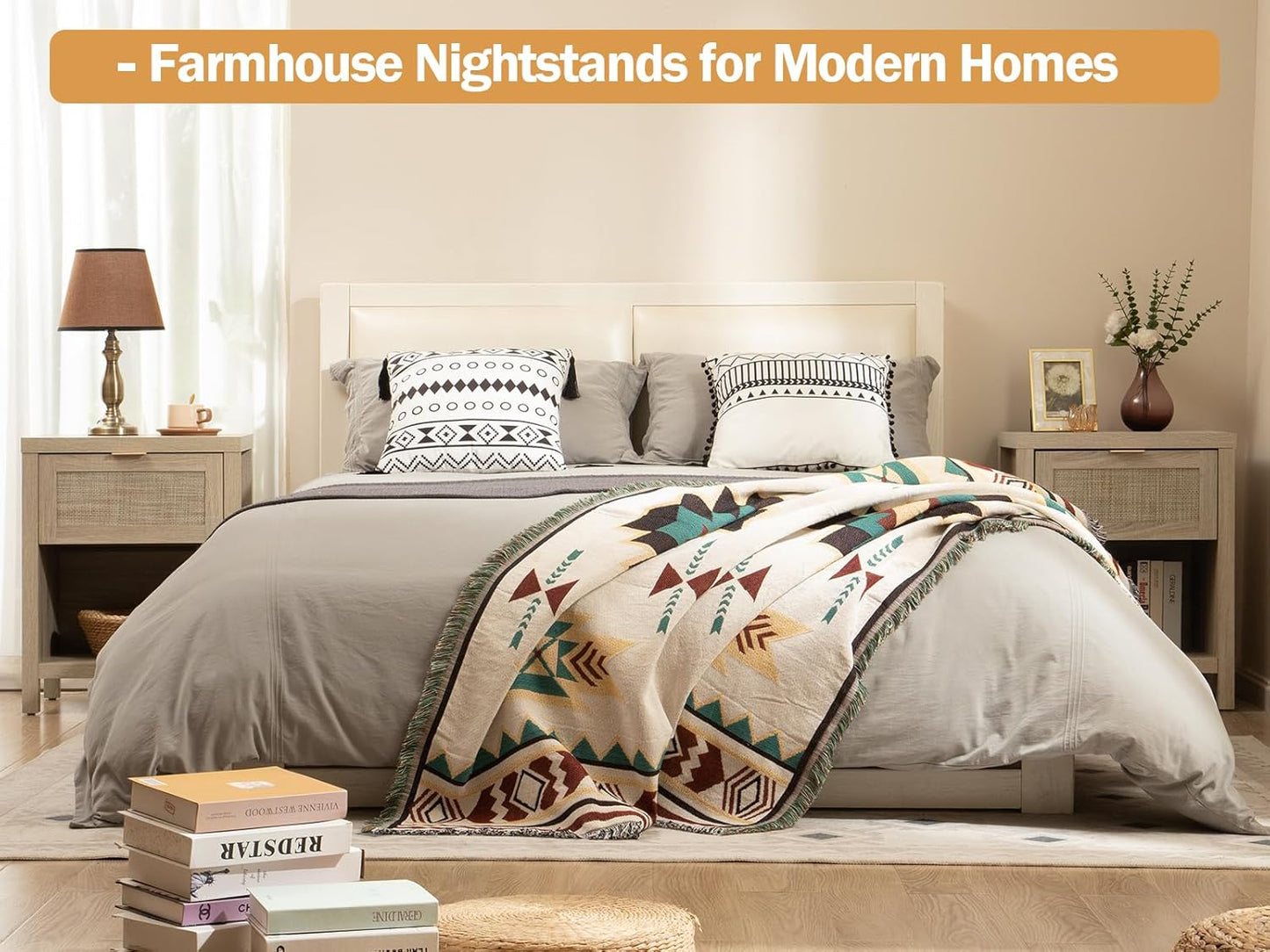 Rattan Nightstands Set of 2, Farmhouse Night Stand Bedside Table with Drawer and Storage Shelf - Boho End Side Table for Bedroom, Light Oak
