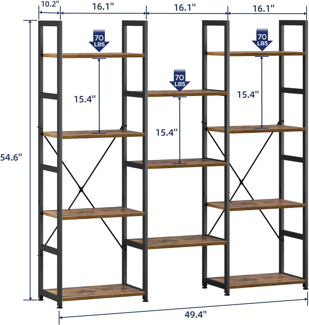 Triple Column 4 Tier Bookshelf, Bookcase with 11 Open Display Shelves, Adjustable Rustic Industrial Style Book Shelves, Modern Bookshelves for Bedroom, Living Room and Home Office, Vintage