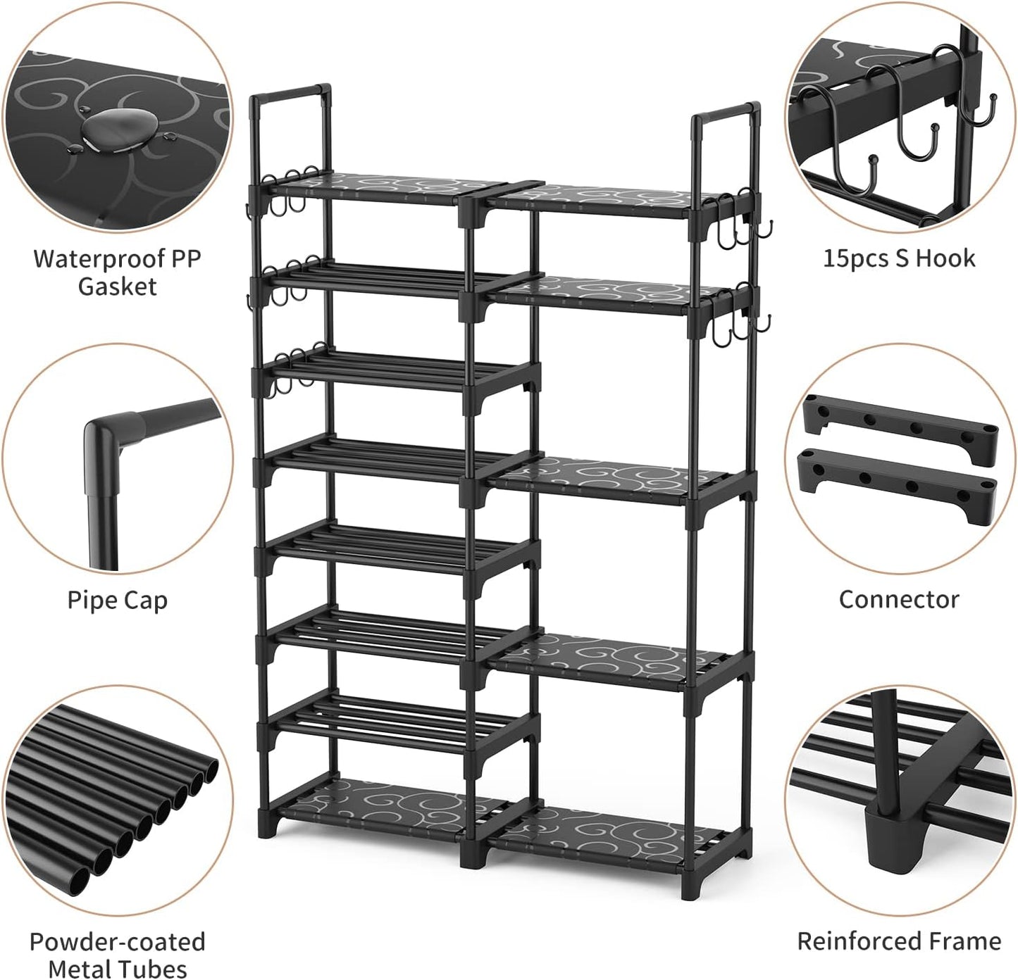 Shoe Rack Organizer, 8-Tier Metal Shoe Rack for Closet Entryway Garage, 26-32 Pairs Tall Shoe Boot Storage Shelf with 15 Hooks, Stackable Large Shoe Stand