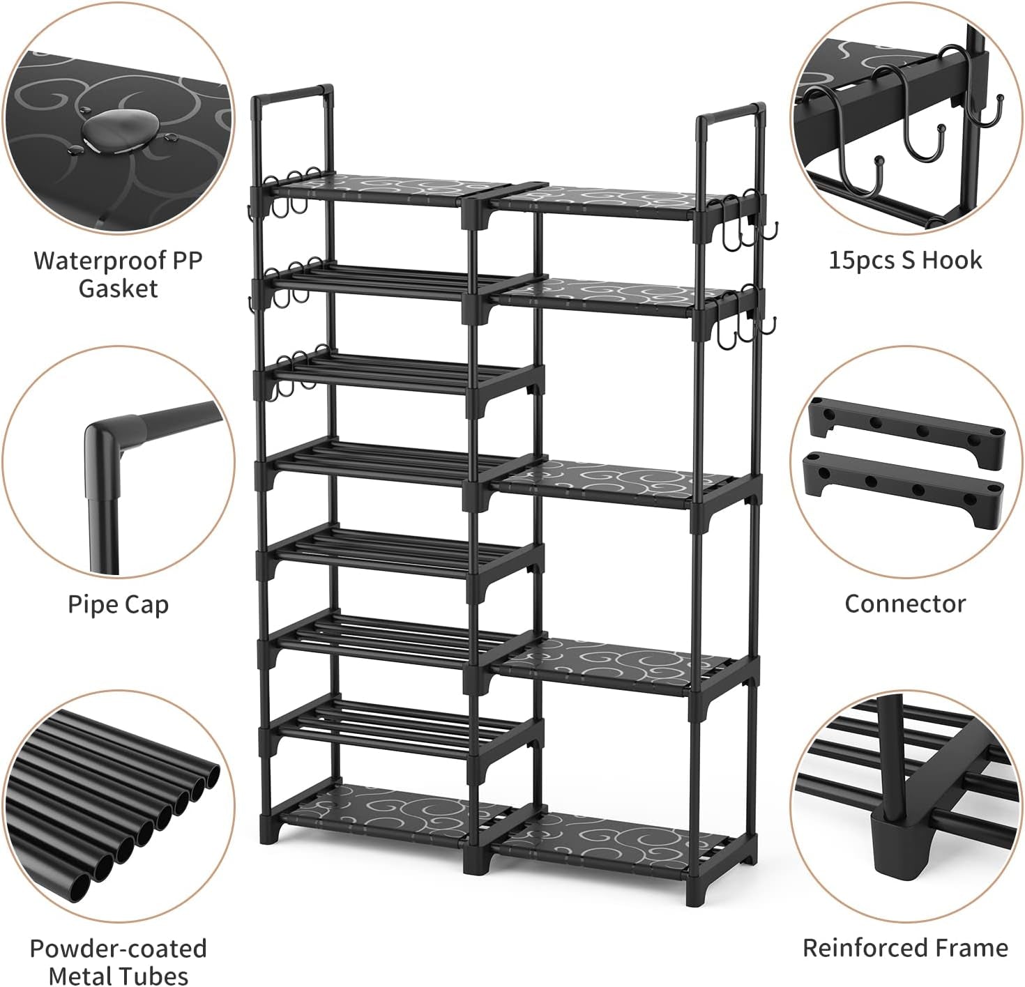 Shoe Rack Organizer, 8-Tier Metal Shoe Rack for Closet Entryway Garage, 26-32 Pairs Tall Shoe Boot Storage Shelf with 15 Hooks, Stackable Large Shoe Stand
