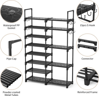 Shoe Rack Organizer, 8-Tier Metal Shoe Rack for Closet Entryway Garage, 26-32 Pairs Tall Shoe Boot Storage Shelf with 15 Hooks, Stackable Large Shoe Stand