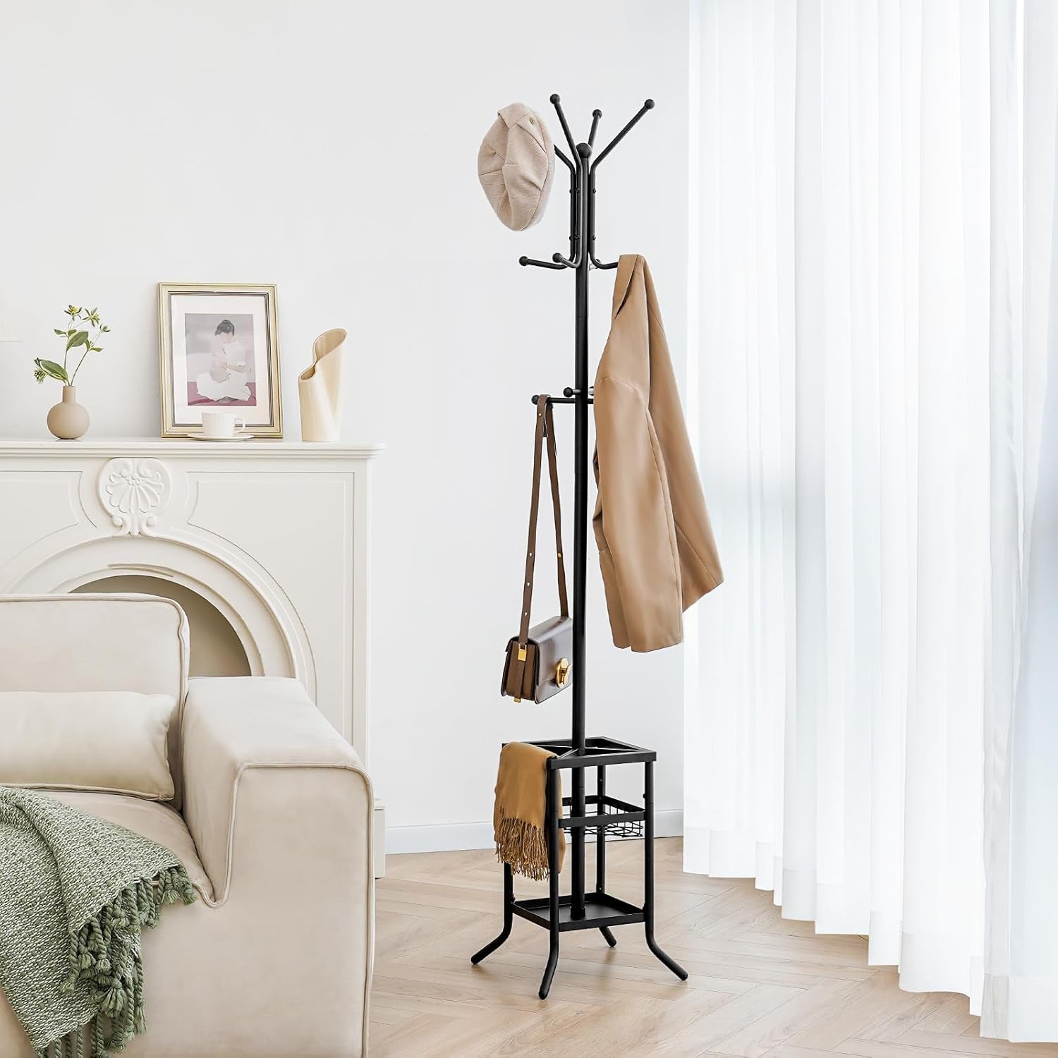 Coat Rack Freestanding - Coat Tree with Umbrella Holder, Metal Coat Rack Stand with 12 Hooks, Modern Coat Hanger Stand for Entryway, Purse Rack Hat Rack Stand for Living Room Bedroom Office