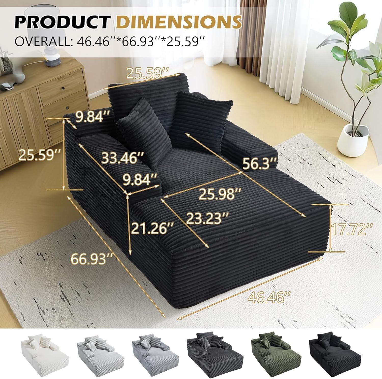 67" Oversized Chise Lounge Chir Indoor, Corduroy Cloud Couch with 3 Pillows, Deep Set Sleeper Sof, No ssembly Required, Comfy Reding Chir for Living Room/Bedroom (Blck)