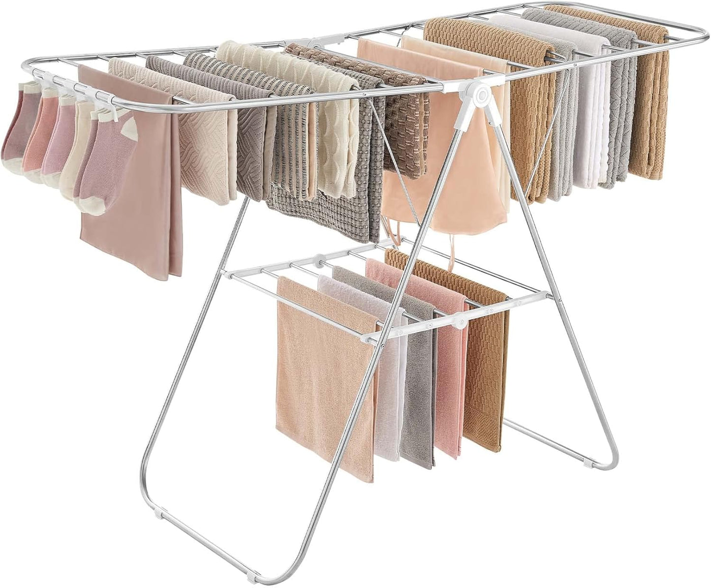 Clothes Drying Rack, with Sock Clips, Metal Laundry Rack, Foldable, Space-Saving, Free-Standing Airer, with 2 Height-Adjustable Gullwings, Indoor Outdoor Use, Silver and Blue ULLR52BU