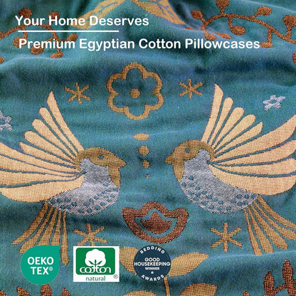 100% Organic Washed Cotton King Boho Pillowcases for Skin-Friendly Set of 2-1000 Thread Thick Count, Bird Pattern Pillow Shams Cover, Soft Breathable Pillow Cases,20X36 Inches-Teal