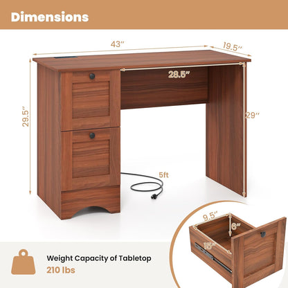 Computer Desk with 2 Storage Drawers, Study Table with Power Outlet, Laptop PC Desk with Storage, Work Table for Small Spaces, Workstation for Home & Office, Walnut