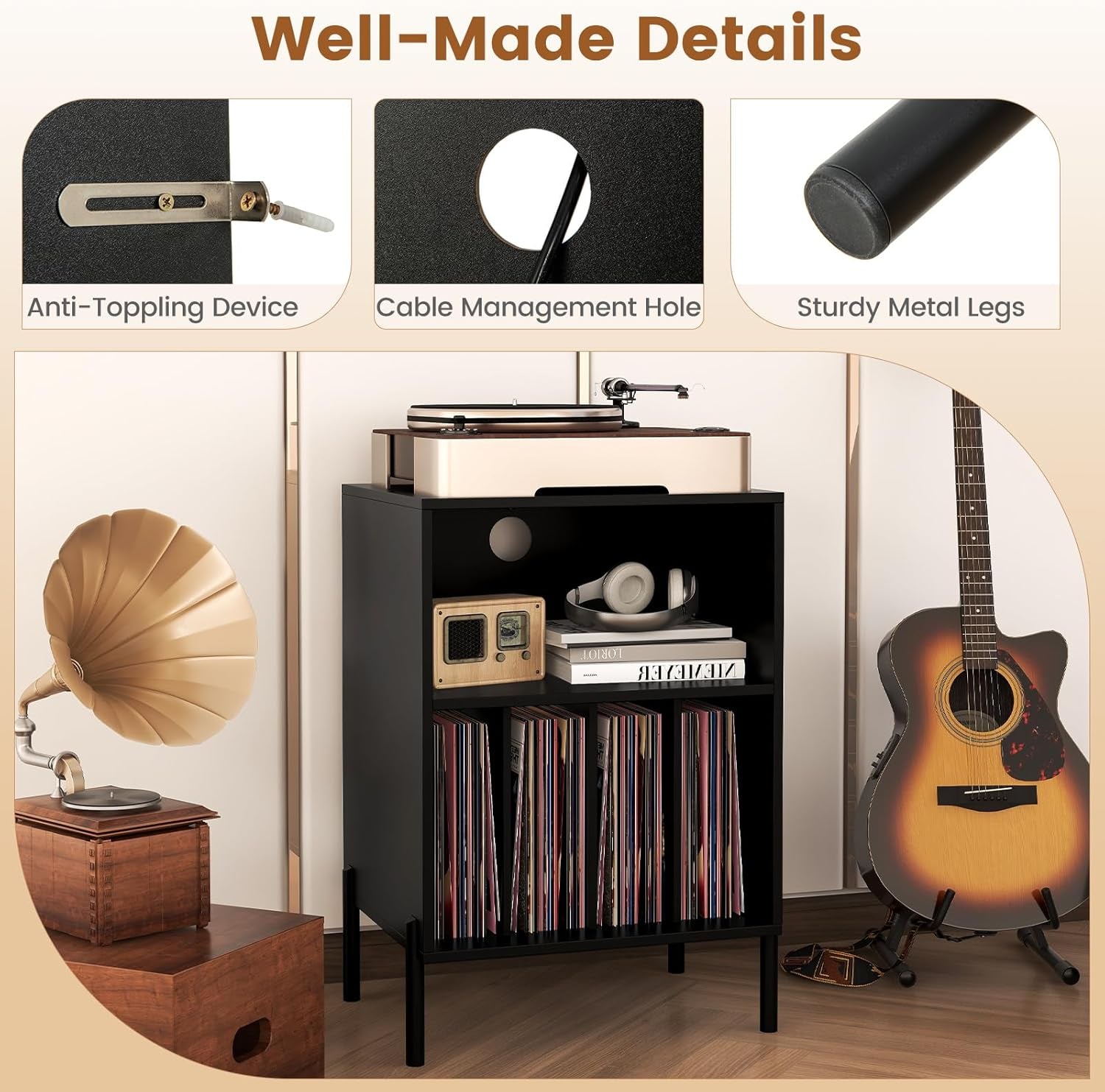 Record Player Stand, Turntable Side Table Nightstand W/Charging Station & Vinyl Record Storage Cabinet Holds up to 150 Albums, Record Player Holder for Living Room (Black, 31" H)