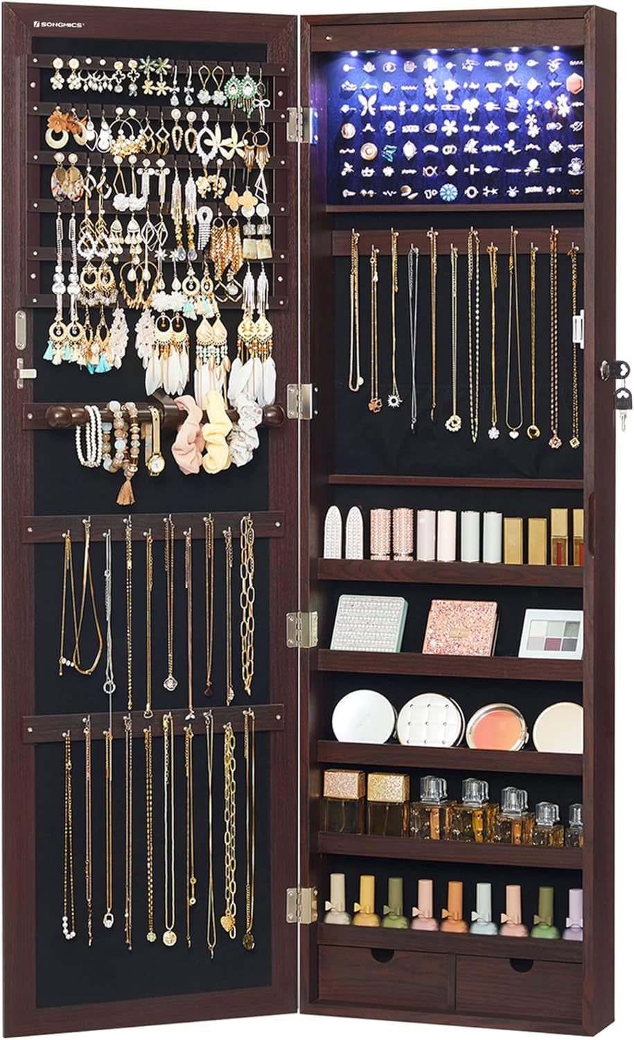 6 Leds Mirror Jewelry Cabinet, 47.2-Inch Tall Lockable Wall or Door Mounted Jewelry Armoire Organizer with Mirror, 2 Drawers, 3.9 X 14.6 X 47.2 Inches, White UJJC93W