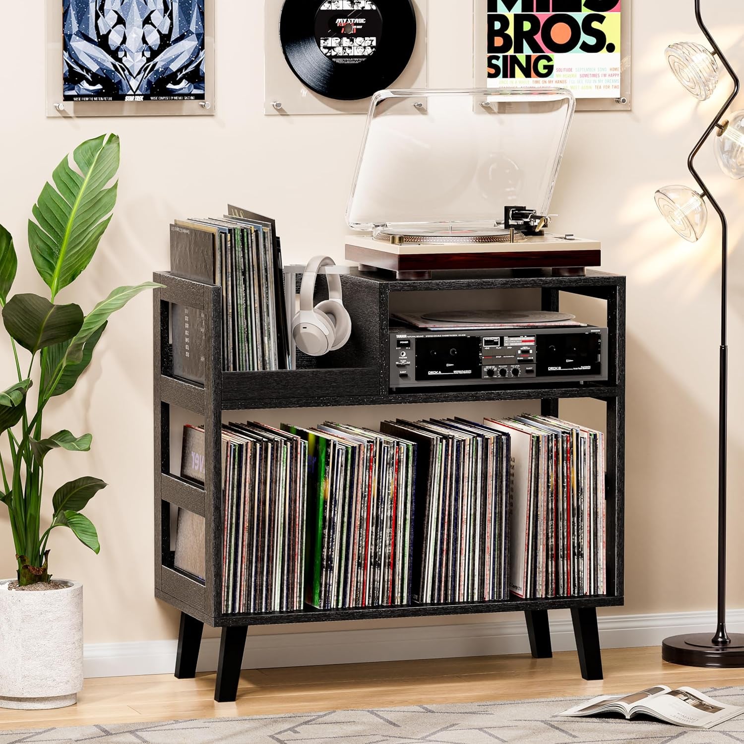 Record Player Stand with Vinyl Storage, Mid-Century Modern Turntable Stand Holds 150+ Albums, Record Player Table with Metal Dividers, Wood Media Console for Living Room (Black, Single-Sided Medium)